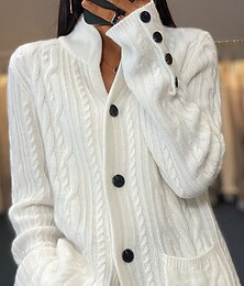 رخيصةأون -Women's Cardigan Sweater V Neck Cable Knit Polyester Button Pocket Fall Winter Short Daily Going out Weekend Stylish Casual Soft Long Sleeve Solid Color White Camel Brown S M L