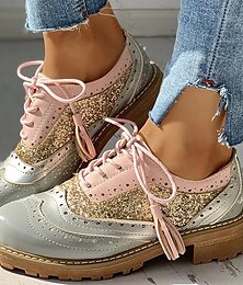 cheap -Women's Oxfords Brogue Party Outdoor Daily Color Block Summer Flat Heel Round Toe Elegant Vacation Cute PU Lace-up Light Pink Pink Purple
