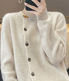 cheap -Women's Cardigan Sweater Crew Neck Ribbed Knit Polyester Patchwork Button Fall Winter Regular Daily Going out Weekend Stylish Casual Soft Long Sleeve Solid Color Black Beige Gray S M L