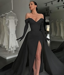 abordables -Vestido de noche negro en línea A vestido elegante formal tren de corte manga larga hombros descubiertos seda con botones pliegues abertura vestido de mascarada