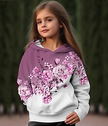 cheap -Girls' 3D Floral Hoodie Pullover Pink Long Sleeve 3D Print Fall Winter Active Fashion Cute Polyester Kids 3-12 Years Outdoor Casual Daily Regular Fit
