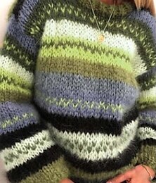 abordables -Femme Pull mode Décontractées Flexible Bloc de couleur Rayé Grosse maille Col Ras du Cou énorme Bandes manche longue Hauts réguliers Tricoter Extérieur du quotidien Sortie Violet Vert Automne Hiver