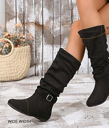 baratos -botas femininas pretas de cano médio com fivela e zíper lateral, salto plano confortável para roupas casuais de outono e inverno