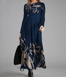 Χαμηλού Κόστους -Γυναικεία Χειμερινό φόρεμα Φόρεμα σε γραμμή Α Φλοράλ Φύλλο Σουρωτά Κουρελού Στρογγυλή Ψηλή Λαιμόκοψη Μακρύ Φόρεμα Μάξι Φόρεμα Καθημερινά Διακοπές Μακρυμάνικο Φθινόπωρο Χειμώνας