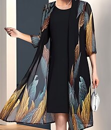 Χαμηλού Κόστους -Γυναικεία Σετ φορέματος δύο τεμαχίων Καθημερινό φόρεμα Φόρεμα εκτύπωσης Καθημερινά Εξόδου Κομψό Κομψό στυλ street Στάμπα Μίντι φόρεμα Στρογγυλή Ψηλή Λαιμόκοψη 3/4 Μήκος Μανικιού Γραφική Κανονικό Μαύρο