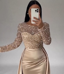 cheap -Mermaid Sequin Evening Gown Ruched Satin Dress Long Sleeves Floor Length Sparkle Illusion Neck Prom Wedding Guest Dress with Pearls Overskirt 2024