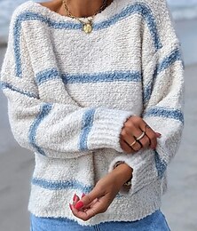 ieftine -Pentru femei Pulover pulover Stil Nautic Fuzzy Tricotat Amestec Bumbac Supradimensionat Toamnă Iarnă Regulat Zilnic Ieșire Stilat Casual Moale Manșon Lung Dungi Alb / Negru Albastru Deschis S M L