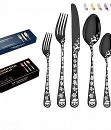 economico -Set di stoviglie natalizie da 20/40 pezzi per 8 persone, servizio di posate nere per 8 persone, design unico con motivo a fiocchi di neve con albero di Natale, posate con finitura satinata per 8