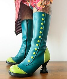 abordables -Botas altas hasta la rodilla con botones y tacones esculpidos en verde azulado y lima para mujer: calzado de moda retro para cosplay y declaración
