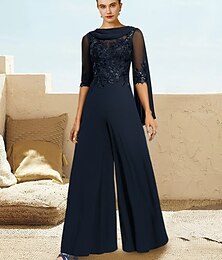 abordables -Combinaison  pantalon mère de la mariée invitée au mariage formelle élégante col drapé longueur sol en dentelle tissu chiffon extensible manches demi avec appliqués en sequins taille personnalisée