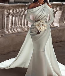 levne -Formální Svatební šaty Dvoudílné Jedno rameno Dlouhý rukáv Na zem Satén Svatební šaty S Šerpa / Stuha Korálky 2024