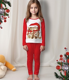 levne -Vánoce Dívčí 3D Kočka Vánoční pyžamo Pyžamové soupravy Dlouhý rukáv 3D tisk Podzim Zima Aktivní Módní Roztomilý Polyester Děti 3-12 let Tričkový Domů Ležérní Vevnitř Běžný