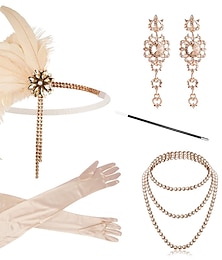 abordables -Vintage 1920s El gran Gatsby Diadema de estilo flapper Conjunto de accesorios Collar Pendiente charlestón Mujer Pluma Mascarada Festival Guantes