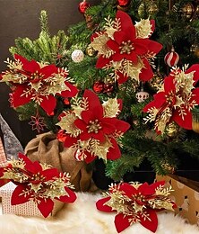 levne -50ks červená květina poinsettie umělá vánoční dekorace, třpytivá vánoční ozdoba vánoční stromeček, kutilská dekorace na vánoční věnec