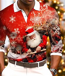お買い得  -クリスマス 男性用 サンタクロース スノーフレーク柄 ボタンアップポロ ゴルフポロシャツ 長袖 ポロシャツ 折襟 カジュアル アウトドア クリスマスパーティー プリント ブラック ルビーレッド