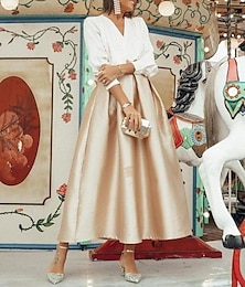 זול -שמלות קוקטייל שני חלקים שמלות אלגנטיות ללבוש מסיבת חתונה באורך תה סאטן צווארון V עם שרוול ארוך עם קפלים 2024