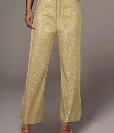 baratos -Mulheres Perna larga Calças Moda Roupa de rua Brilhante Comprimento total Cintura Alta Côr Sólida Paetês Conforto Respirabilidade Macio Micro-Elástica Férias Festa Rua Preto Dourado Rosa claro Azul