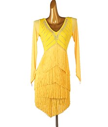 billiga -dans salsa latinsk dansklänning strass fransad tofs dam prestationsträning långärmad hög spandex tyll