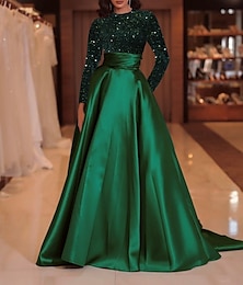 cheap -A-Line Evening Gown Sparkle Red Green Dress Formal Cocktail Party Court Train Long Sleeve High Neck Fall Wedding Guest Satin with Sequin 2024