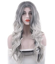 economico -parrucche costume grigio argento per le donne halloween ricci ondulati lunghi moda cosplay ombre nero mix parrucche di capelli grigi
