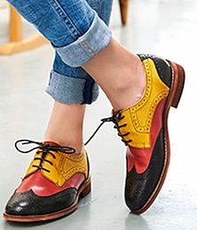 cheap -Women's Oxfords Brogue Plus Size Party Outdoor Daily Solid Color Summer Block Heel Flat Heel Round Toe Elegant Vacation Vintage PU Lace-up Black Blue Brown