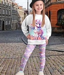 olcso -3D egyszarvú lány pulóver & leggings szett hosszú ujjú 3d print ősz tél aktív divat napi poliészter gyerekeknek 3-12 éves korig nyakú, szabadtéri randevú vakáció normál fit