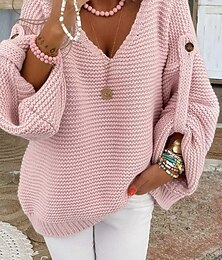 baratos -Women's Pullover Sweater Jumper V Neck Crochet Knit Spandex Button Oversized Fall Winter Regular Daily Going out Stylish Soft Long Sleeve Pure Color Pink Light Blue S M L