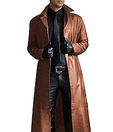 abordables -Manteau homme faux trench en cuir manteau hiver long coupe-vent revers couleur unie long manteau en faux cuir veste chaude