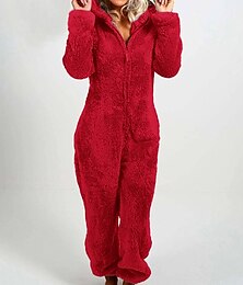olcso -Női Extra méret Kezezlábas pizsamák Tiszta szín Meleg Divat Plüs Otthon Karácsony Napi Sherpa Meleg Kapucni Hosszú ujj Ősz Tél Fekete Rubin