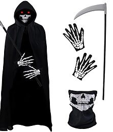 billige -halloween grim reaper kostume skelet kranie outfits 4 stk kappe med hætte kappe plastic le kranie maske let halloween kostumer karneval til mænd voksne mardi gras