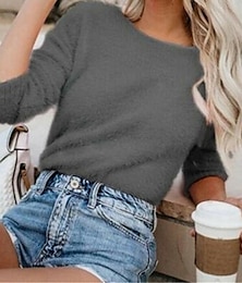 billige -Dame Pullover genser Stilfull Fritid Myk Ren farge Uklar Crew-hals Overstørrelse Langermet Vanlige topper Strikke Ut på byen Helg Svart Hvit Høst Vinter