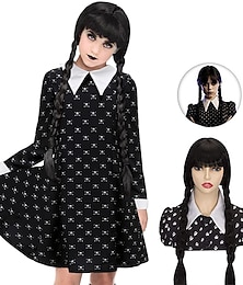 cheap -Kid's Wednesday Addams Floral Black Dress Plaits Pigtails Wig For Girls Goth Girl Addams family A-Line Dress Movie Cosplay Costume Gothic Little Black Dress Masquerade Carnival World Book Day Costumes