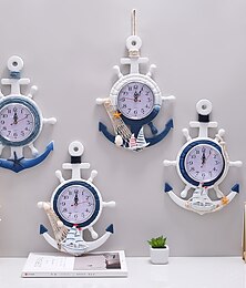 baratos -Estilo mediterrâneo azul e branco leme timoneiro âncora relógio de parede personalizado relógio eletrônico decoração relógio de navegação escritório casa tema oceano pendurado na parede
