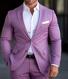 billiga -Herr Studenten Kavaj Företag Cocktailfest Bröllopsfest Mode Ledigt Vår & Höst Polyester Pläd / Rutig Geometrisk Ficka Ledigt / vardag Enkelknäppt med Två Knapphål Blazer Purpur