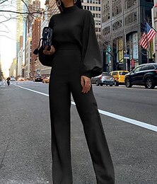 cheap -Women's Jumpsuit High Waist Solid Color Stand Collar Streetwear Xmas Office Christmas Regular Fit Long Sleeve Lantern Sleeve Black White Yellow S M L Fall