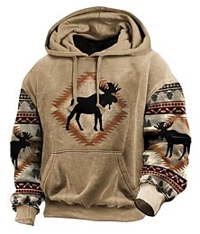 cheap -Moose Hoodie Mens Graphic Tribal Prints Reindeer Daily Ethnic Casual 3D Pullover Holiday Going Out Streetwear Hoodies Blue Sky Khaki Hooded Grey Cotton