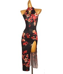 Χαμηλού Κόστους -χορός salsa latin χορευτικό φόρεμα splicing γυναικεία προπόνηση αμάνικο ψηλό spandex μετάξι πάγου