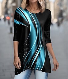 abordables -Camiseta Túnica para Mujeres Estampado Geométrico Básica de Manga Larga Cuello Redondo Tops Largos Diarios de Fin de Semana Estampado Túnica Fluida Rosa Azul Morado Verde Gris Primavera y Otoño