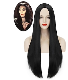 economico -lunghe parrucche nere per le donne parrucca lunga 27'' di capelli neri lisci parrucche carine naturali per la festa quotidiana di Halloween con berretto per parrucca