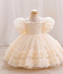 cheap -Toddler Girls' Party Dress Solid Color Short Sleeve Performance Wedding Puff Sleeve Active Princess Polyester Knee-length Party Dress Summer Spring 3-7 Years Champagne