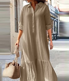 economico -Per donna Blu Verde Kaki Primavera Autunno Inverno Abito maxi Abiti in cotone e lino Vestito Casual Abito in cotone Essenziale Classico Casual All'aperto Vacanza Quotidiano Vestibilità comoda Semplice