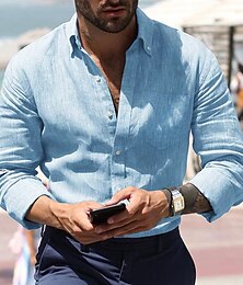abordables -Hombre Camisa camisa de lino Camisa de verano Camisa de playa Negro Blanco Azul Piscina Manga Larga Plano Cuello Americano Primavera verano Casual Diario Ropa