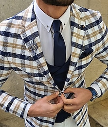 economico -Per uomo Giacca Serata formale Ricevimento di matrimonio Compleanno Di tendenza Informale Primavera & Autunno Poliestere A quadri Geometria Tasche Casual / quotidiano Monopetto Giacca Bianco