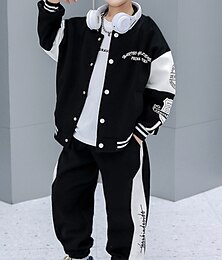 cheap -2 Pieces Kids Boys Tracksuits Outfit Letter Stripe Long Sleeve Button Set Daily Spring Fall 7-13 Years Black Gray