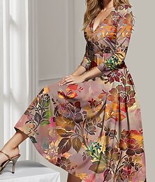 cheap -Women's Party Dress Cocktail Dress Floral Print Deep V Midi Dress Vacation 3/4 Length Sleeve Spring Fall