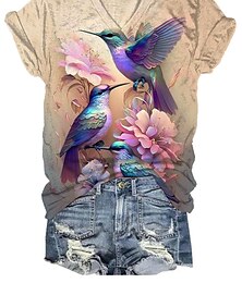 お買い得  -女性用 Tシャツ フラワー 鳥 祝日 週末 プリント パープル 半袖 ファッション Ｖネック 夏