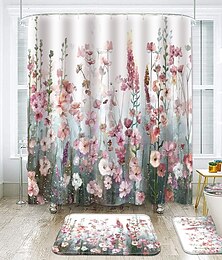 זול -פרחים צבעוניים וילון מקלחת לאמבטיה ורוד פרחוני רומנטי צמחי פרחי בר טבע נוף קישוט וילון עם ווים, מחצלת אמבטיה （3 יחידות שטיח אמבטיה לא כולל וילון）