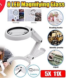 cheap -New Upgrade 5X 11X 2 In 1 Folding Handheld Illuminated Magnifying Glass Stand Table Magnifier with 8 LED Lights for Reading and Identification Jewelry Watch Repair Tool