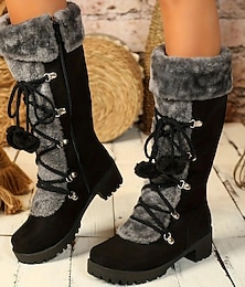 baratos -botas de inverno femininas pretas com cadarço, acabamento em pele sintética, detalhes em pompom e sola antiderrapante resistente para uso ao ar livre na neve e no frio