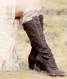 abordables -Botas vintage de cuero marrón hasta la rodilla para mujer con detalles de botones y tacón en bloque: perfectas para aventuras al aire libre y un estilo country chic